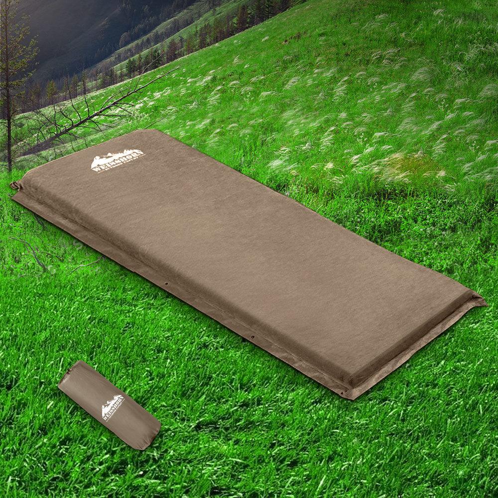 Weisshorn Single Size Self Inflating Matress Mat Joinable 10CM Thick Coffee - Leisure Outdoors