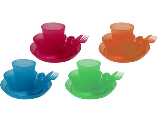  Kids Set of colorful plastic tableware including cups, plates, and forks on a white background