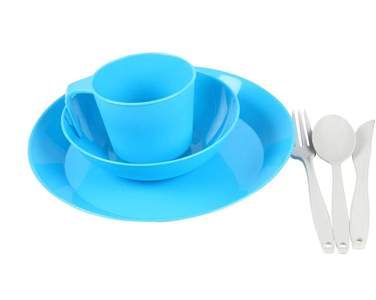 Blue dinner set with cup, bowl, and utensils on a white background