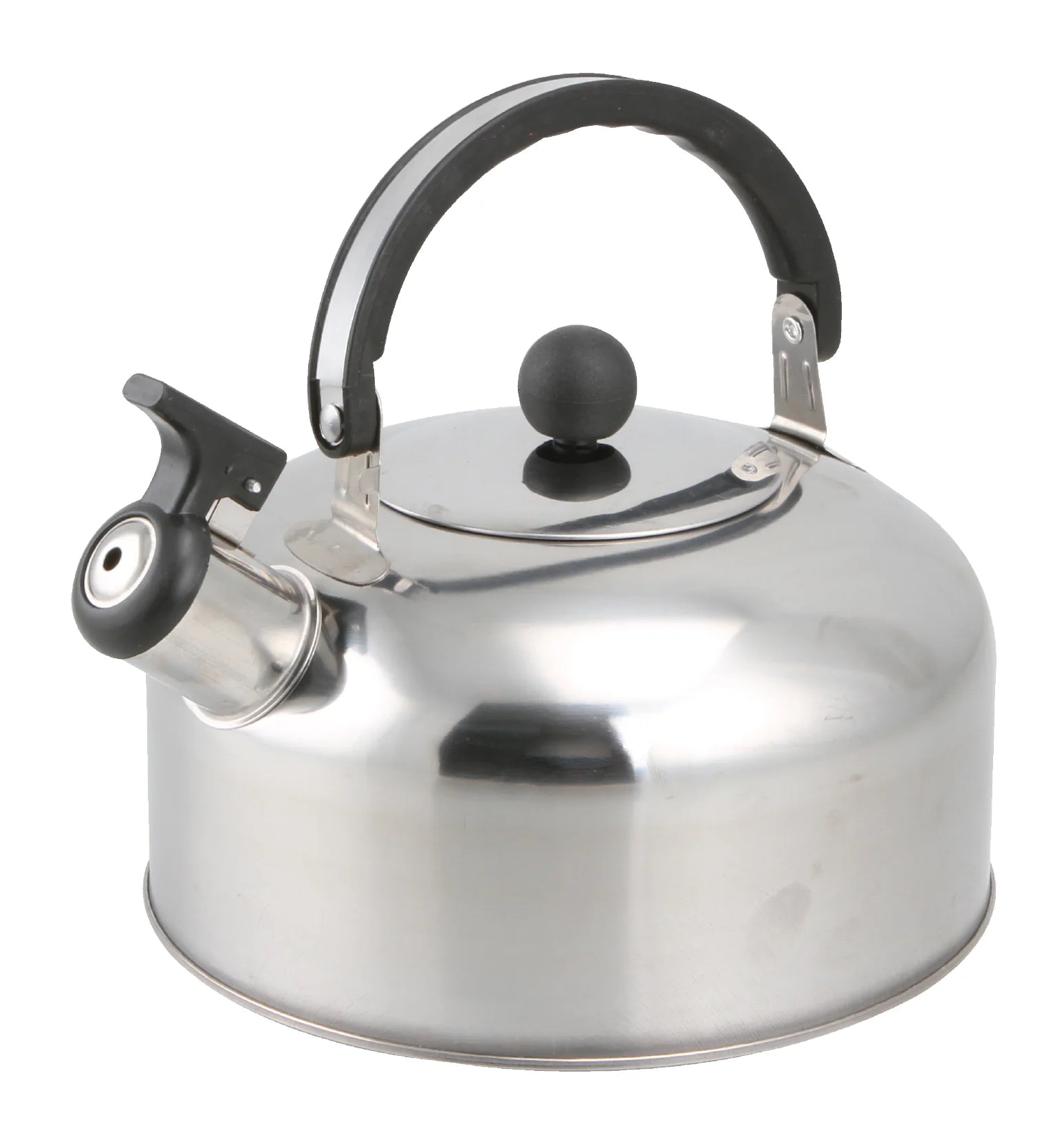 Stainless steel kettle with black handle and whistle on a white background