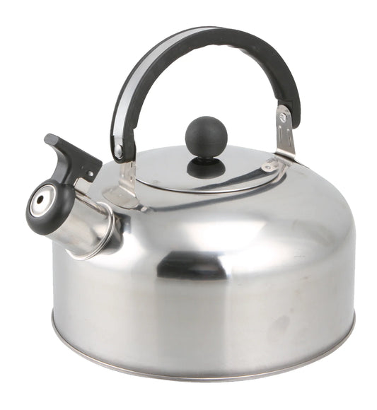 Stainless steel kettle with black handle and whistle on a white background