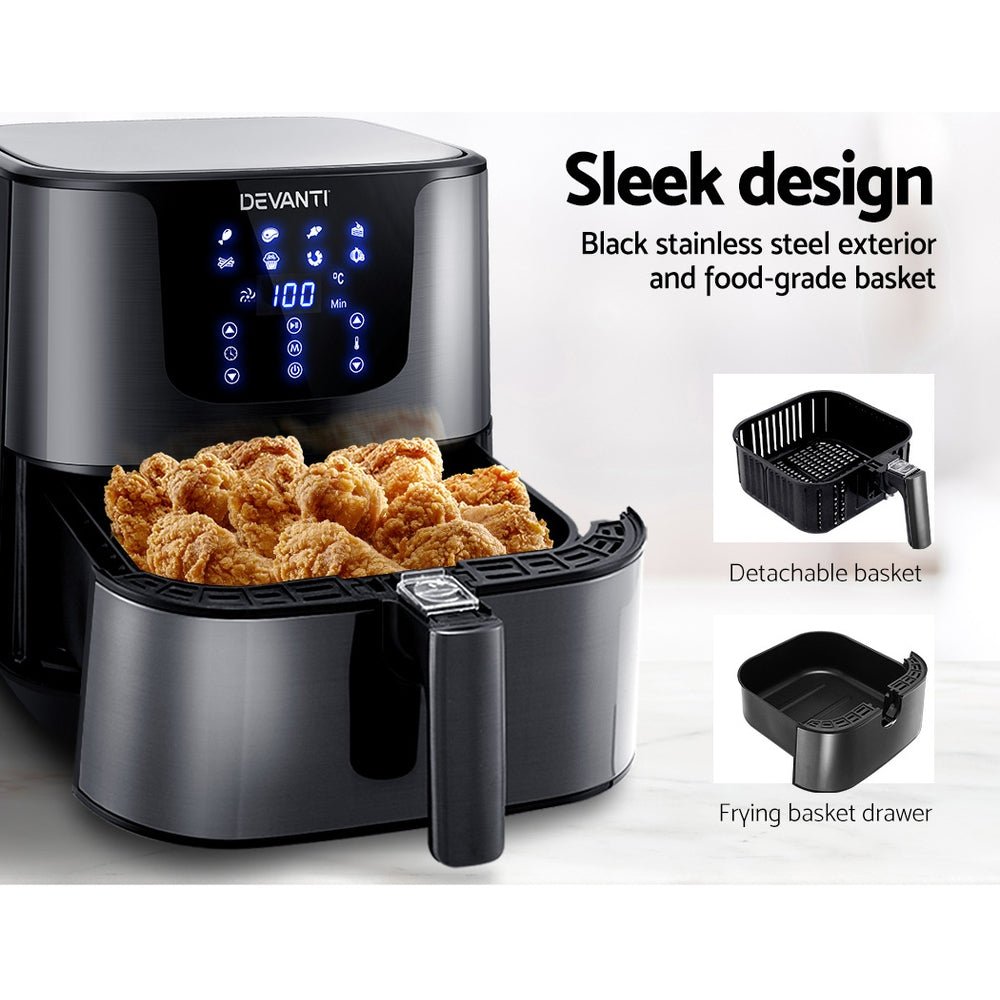 Devanti Air Fryer 7L LCD Fryers Oven Airfryer Kitchen Healthy Cooker Stainless Steel - Leisure Outdoors